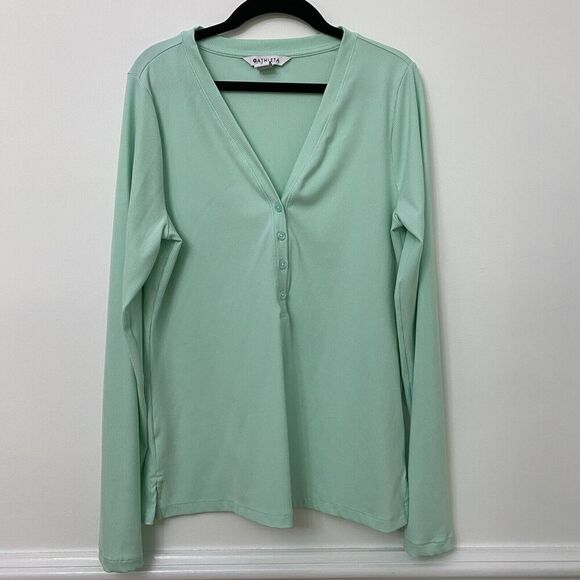 Athleta Womens Uptempo Ribbed Henley Top Sz L Mint Green Athleisure - Picture 2 of 15